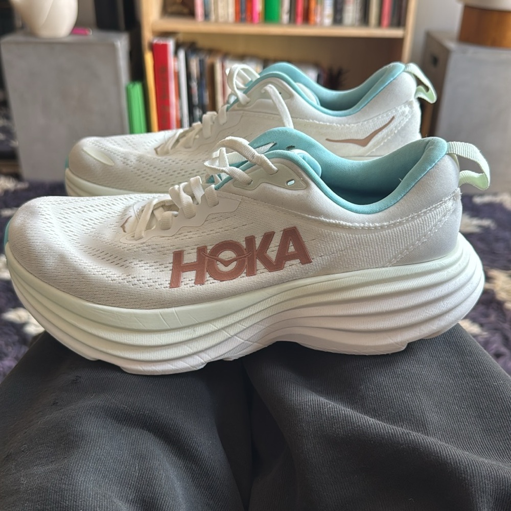 HOKA BONDI 8 running shoes (Frost/Rose Gold color way) US 8B / EU 40
